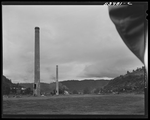 Untitled photo, possibly related to: Richwood, West Virginia. Chimneys of an abandoned tannery
