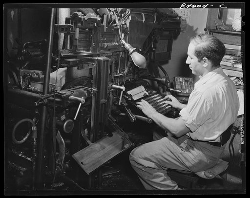 Richwood, West Virginia. Setting up the weekly paper on the linotype