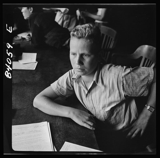 Richwood, West Virginia. A high school boy who is slightly under age is trying to convince the FSA (Farm Security Administration) representative that he should go to New York state to help bring in the harvest