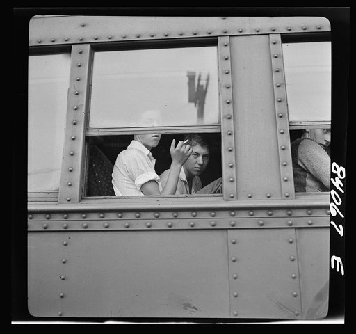 Untitled photo, possibly related to: Richwood, West Virginia. Trainload of migratory workers bound for the harvest fields in New York state