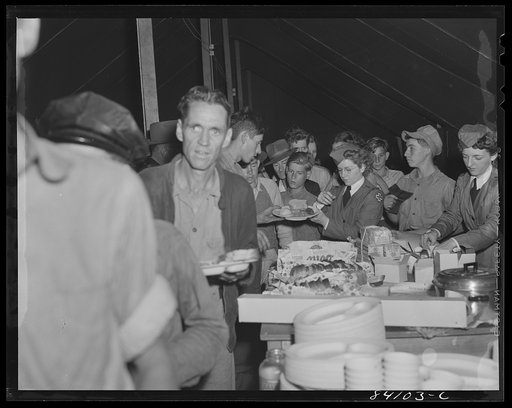 Untitled photo, possibly related to: Batavia, New York. The Red Cross feeding farm laborers who have just arrived from Richwood, West Virginia.