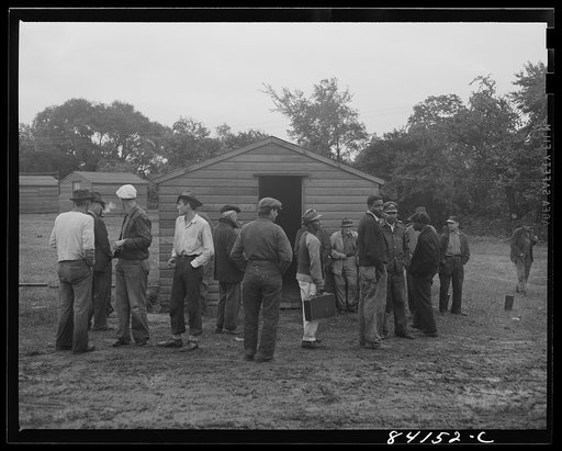 Batavia, New York. Elba FSA (Farm Security Administration) farm labor camp. West Virginia workers waiting outside the United States Employment Service office