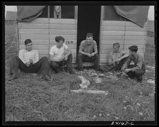 Batavia, New York. Elba FSA (Farm Security Administration) farm labor camp. Youths from West Virginia in front of their tent home