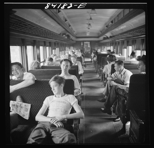 Special train carrying agricultural workers to upper New York state to work in the harvest
