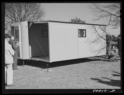 Untitled photo, possibly related to: Palace mobile home. Expansion trailer for emergency defense housing demonstrated in Washington tourist camp. Washington, D.C.
