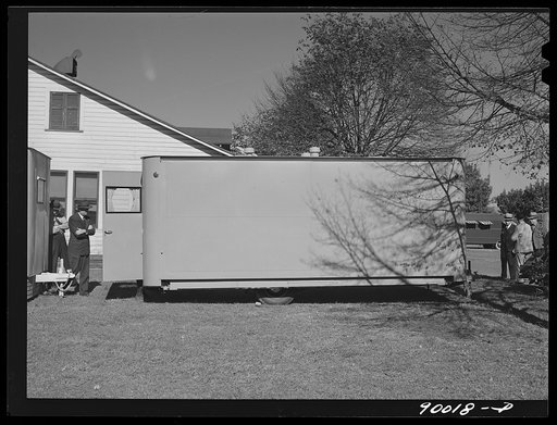 Untitled photo, possibly related to: Palace mobile home. Expansion trailer for emergency defense housing demonstrated in Washington tourist camp. Washington, D.C.