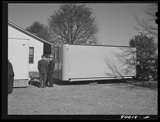 Untitled photo, possibly related to: Palace mobile home. Expansion trailer for emergency defense housing demonstrated in Washington tourist camp. Washington, D.C.