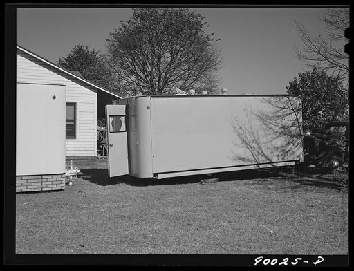 Untitled photo, possibly related to: Palace mobile home. Expansion trailer for emergency defense housing demonstrated in Washington tourist camp. Washington, D.C.