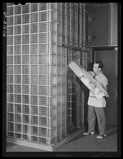Washington, D.C. Preparing the defense bond sales photomural to be installed in the Grand Central terminal, New York, in the photographic laboratory of the FSA (Farm Security Administration). Taking developed print strip into the washer