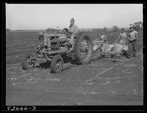 Untitled photo, possibly related to: Tractor-driven combination bean planter and fertilizer machine used on many large tracts of land in Florida farming area. Muckland around Lake Okeechobee, Florida
