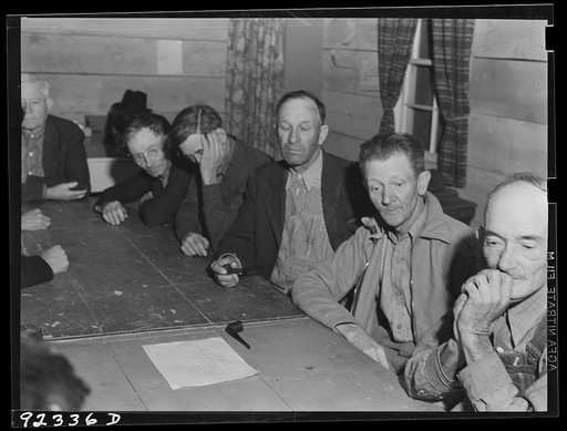 Untitled photo, possibly related to: Farm Security Administration (FSA) camp for migratory agricultural workers. Farmersville, California. Meeting of the camp council