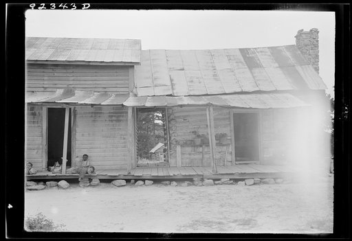 Untitled photo, possibly related to: Negro sharecropper house on dirt. Dirt log cabin on right is much older than attached frame cabin on left. Both have halfstones. Note dog run and flowering plants in tin can and tubs. This is typical of Negro dwellings. Log build visible. Through the back door is