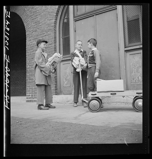 Washington, D.C. Scrap salvage campaign, Victory Program. Children bringing their weekly contribution of scrap paper to school