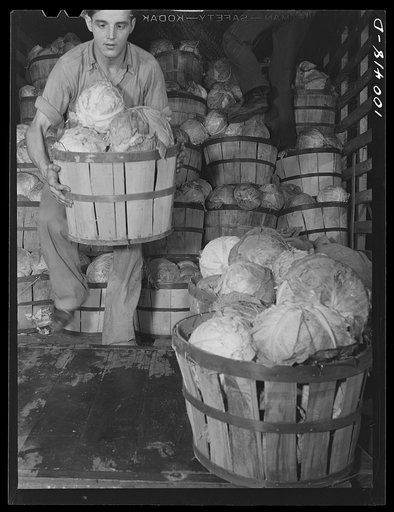 Untitled photo, possibly related to: Washington, D.C. District grocery store warehouse on 4th Street S.W. Unloading cabbages and spinach