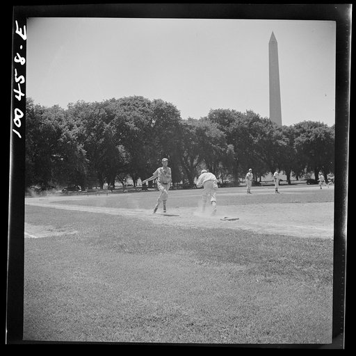 Untitled photo, possibly related to: Washington, D.C. One of the amateur baseball games between teams representing restaurants, garages, government workers, etc. which go on every afternoon in summer, and especially on Sunday, on diamonds in the Ellipse