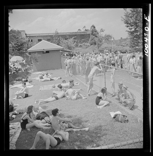 Washington, D.C. Sunbathers on the grass next to the municipal swimming pool on Sunday
