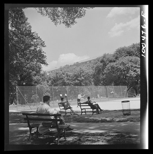 Untitled photo, possibly related to: Washington, D.C. Playing tennis in the park in front of the U.S. Department of Commerce building on Sunday afternoon