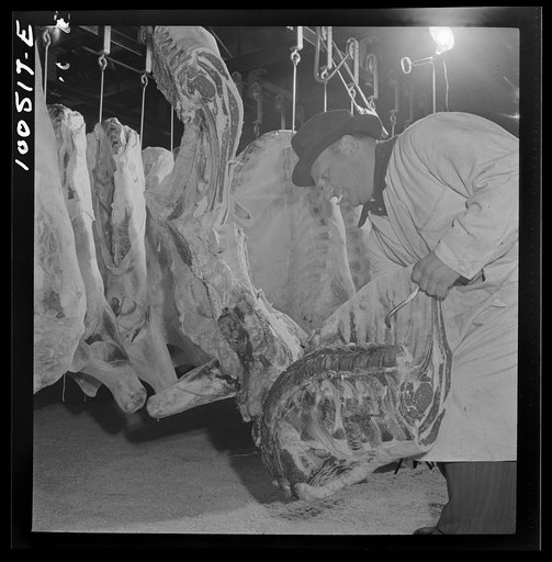 Untitled photo, possibly related to: Washington, D.C. Quartering beef in the District grocery store warehouse cold room