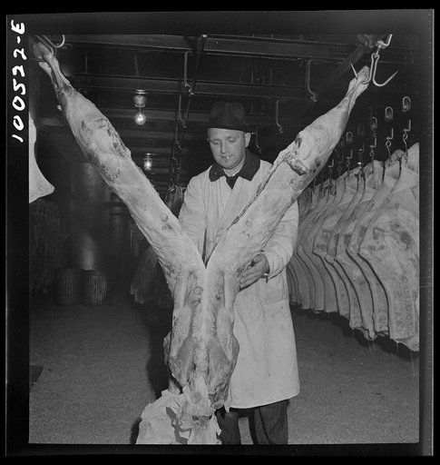 Untitled photo, possibly related to: Washington, D.C. Quartering beef in the District grocery store warehouse cold room