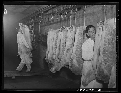 Washington, D.C. Unloading a meat train at the District grocery store warehouse