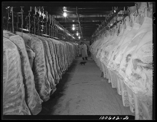 Washington, D.C. Refrigeration room for meat at the District grocery store warehouse