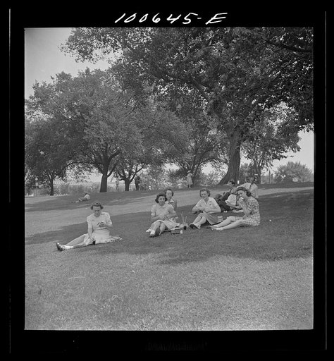 Washington, D.C. Government workers lunching and resting in Washington Monument park outside the U.S. Department of Agriculture