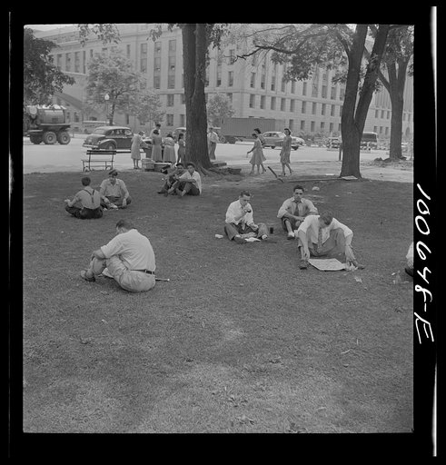 Untitled photo, possibly related to: Washington, D.C. Government workers lunching and resting in Washington Monument park outside the U.S. Department of Agriculture