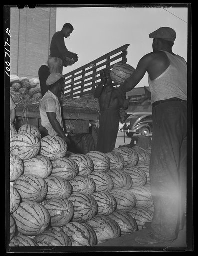 Untitled photo, possibly related to: Washington, D.C. Unloading watermelons at the farmers' market