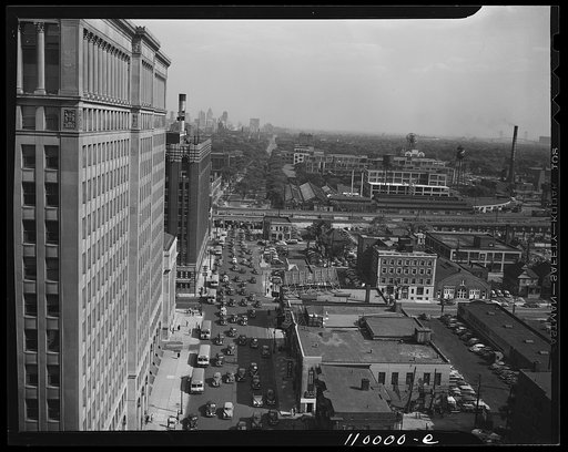 Detroit, Michigan. Looking south on Second Avenue from the Fisher Building, with the General Motors Building at the left