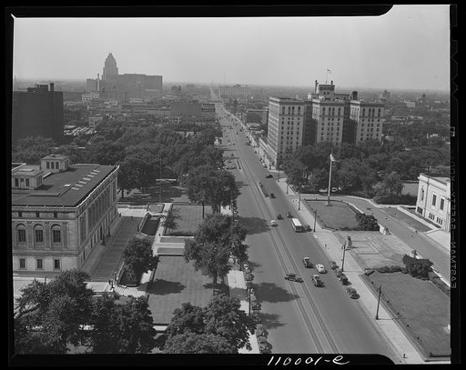 Untitled photo, possibly related to: Detroit, Michigan. Looking north on Woodward Avenue from the Maccabee Building, with the Fisher Building at the far left and the Wardell hotel at the middle right