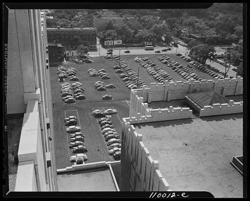 Detroit, Michigan. Looking down on a parking lot from the rear of the Fisher Building
