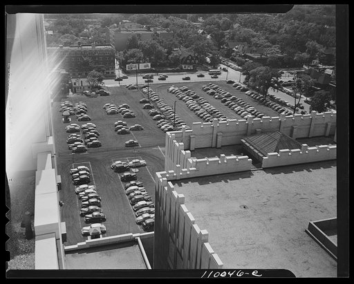 Untitled photo, possibly related to: Detroit, Michigan. Looking down on a parking lot from the rear of the Fisher Building