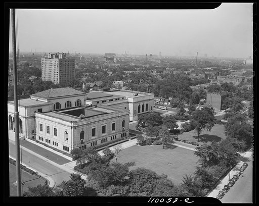 Untitled photo, possibly related to: Detroit, Michigan. Looking north on Woodward Avenue from the Maccabee Building, with the Fisher Building at the far left and the Wardell hotel at the middle right