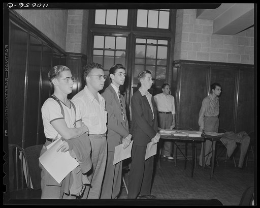 Detroit, Michigan. Boys attend youth meeting, singing "The Star Spangled Banner"