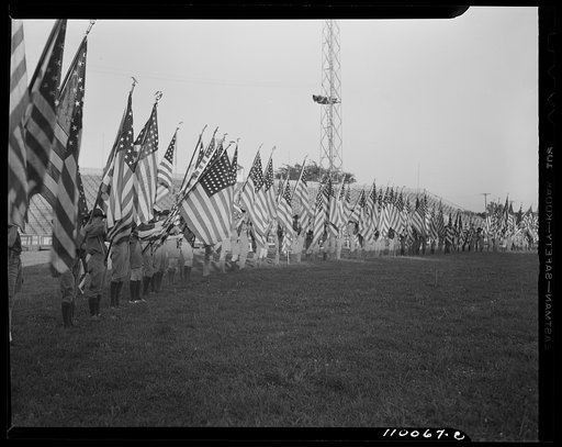 Detroit, Michigan. Wall of American flags carried by Boy Scouts at the Blitz Scout meeting