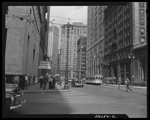 Detroit, Michigan. Fort Street looking toward the First National Bank
