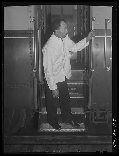 Alfred MacMillian, Pullman porter waiting for train to start aboard the "Capitol Limited" bound for Chicago, Illinois