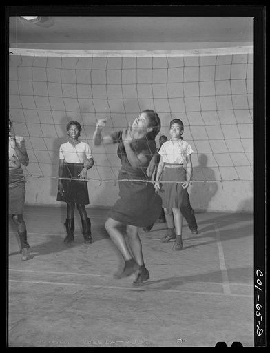 Untitled photo, possibly related to: Young "Wellstowners" playing volleyball in the recreation hall at the community center of the Ida B. Wells Housing Project, Chicago, Illinois