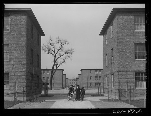 Untitled photo, possibly related to: General views of the houses showing play areas between the rows of houses. Ida B. Wells Housing Project, Chicago, Illinois