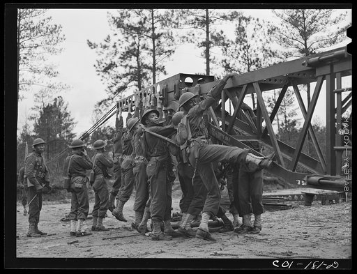 Untitled photo, possibly related to: Fort Bragg, North Carolina. 41st Engineers building a bridge