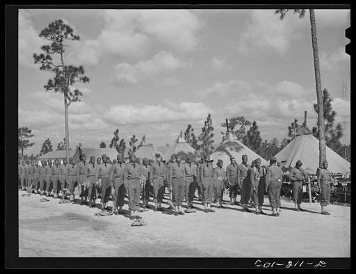 Fort Bragg, North Carolina. Company J, 41st Engineers, in gas mask drill