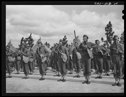 Fort Bragg, North Carolina. Company J, 41st Engineers, in gas mask drill