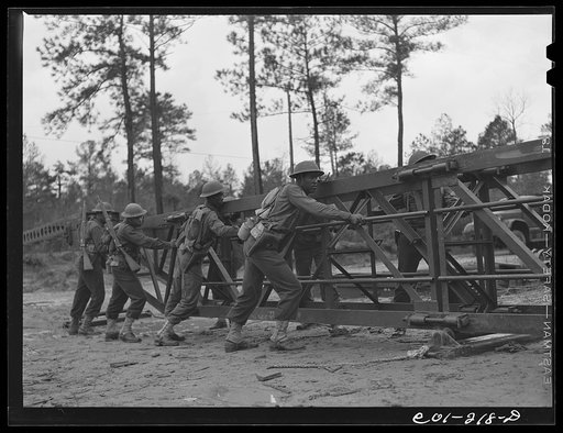 Untitled photo, possibly related to: Fort Bragg, North Carolina. 41st Engineers building a bridge