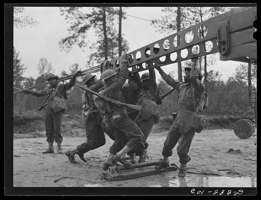 Fort Bragg, North Carolina. 41st Engineers building a bridge