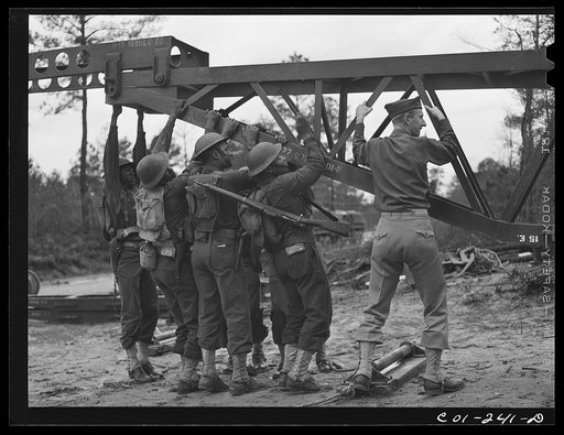 Untitled photo, possibly related to: Fort Bragg, North Carolina. 41st Engineers building a bridge