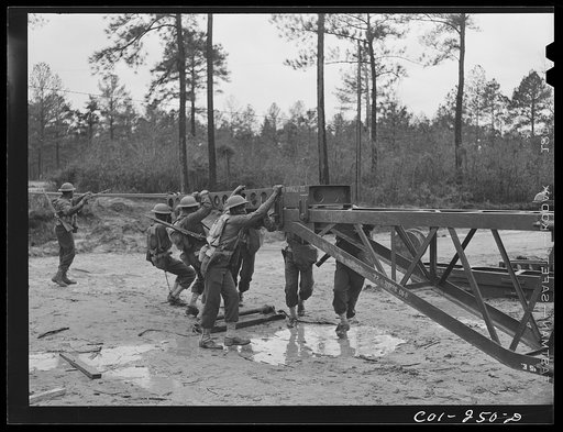 Fort Bragg, North Carolina. 41st Engineers building a bridge