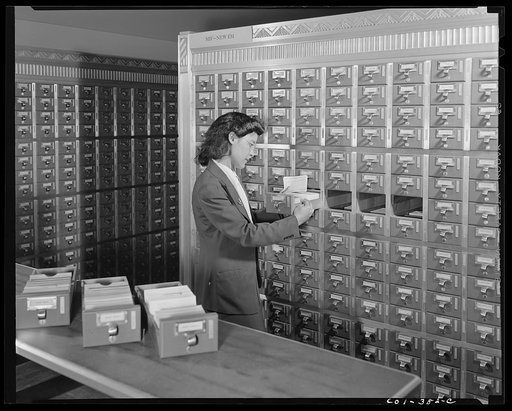 Untitled photo, possibly related to: Washington, D.C. Jewal [i.e. Jewel] Mazique on temporary duty checking filing systems in the Library of Congress