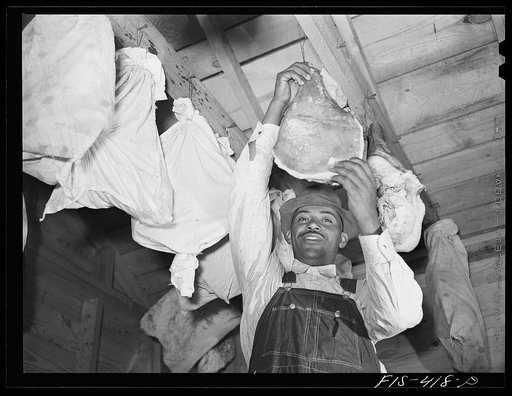 Zebulon, North Carolina. Feggen Jones hanging meat in the smokehouse