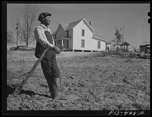 Untitled photo, possibly related to: Zebulon, North Carolina. Feggen Jones resting on a plow in the field near his house