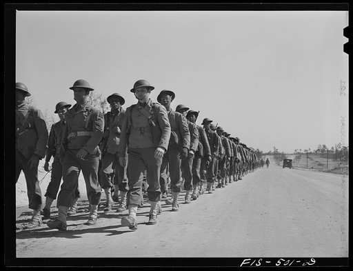 Untitled photo, possibly related to: Fort Bragg, North Carolina. 41st Engineers on the march